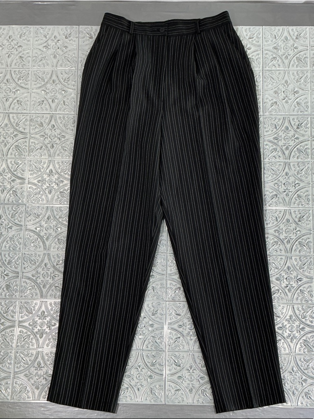 Bentley Black Pinstripe Pants Ultra High Rise Straight Leg Trousers Size 14